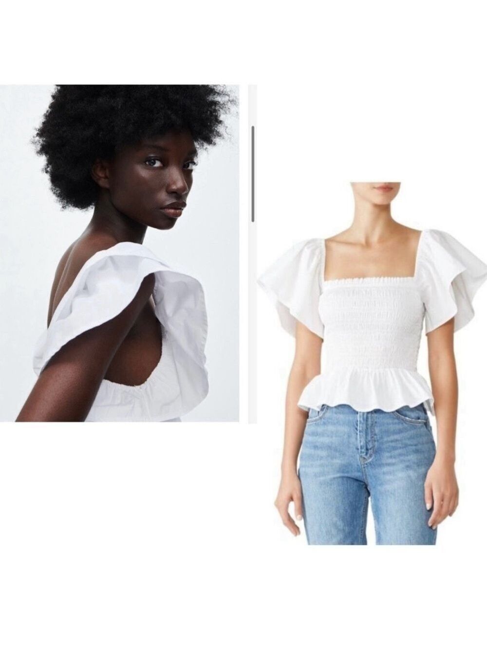 Zara White Ruffle frill sleeve smocked voluminous top Blouse Sz L NWOT bohemian